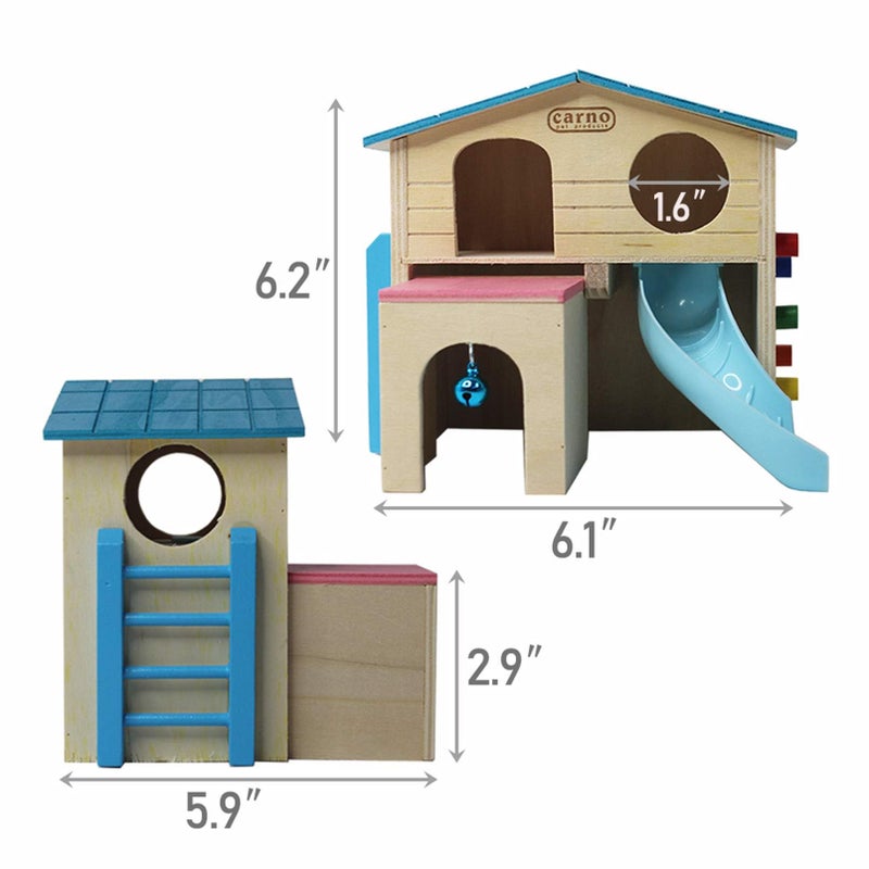 kathson Hamster House Pets Small Animal Hideout with Funny Climbing Ladder Slide Wooden Hut Play Toys Chews for Small Animals Like Dwarf Hamster and Mouse(Blue) - Image 2